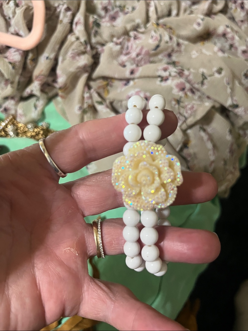 White Beaded Bracelet with Yellow Flower Accent